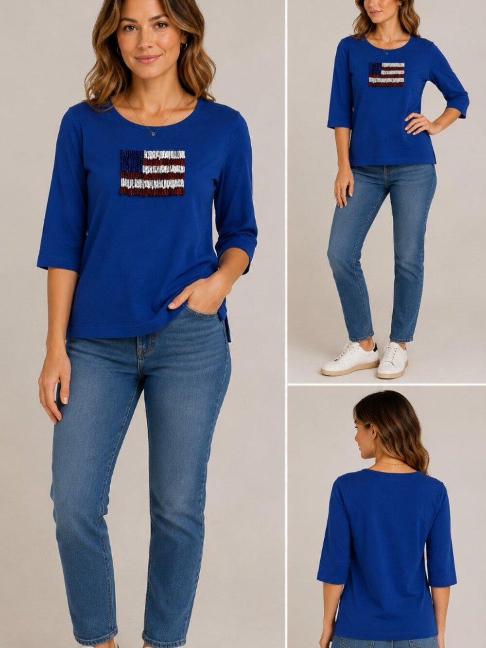 Quacker Factory Royal Blue Top with Beaded Flag size medium